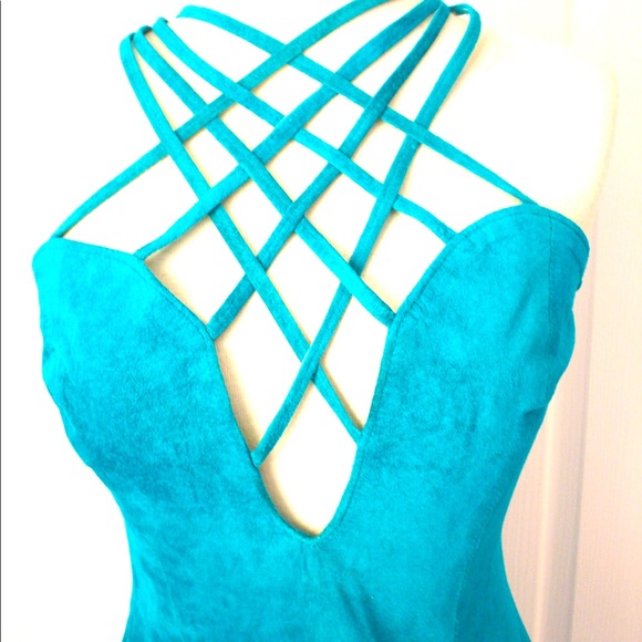 Vintage 1980s TEAL GREEN Suede Halter Mini Dress - Picture 2 of 13